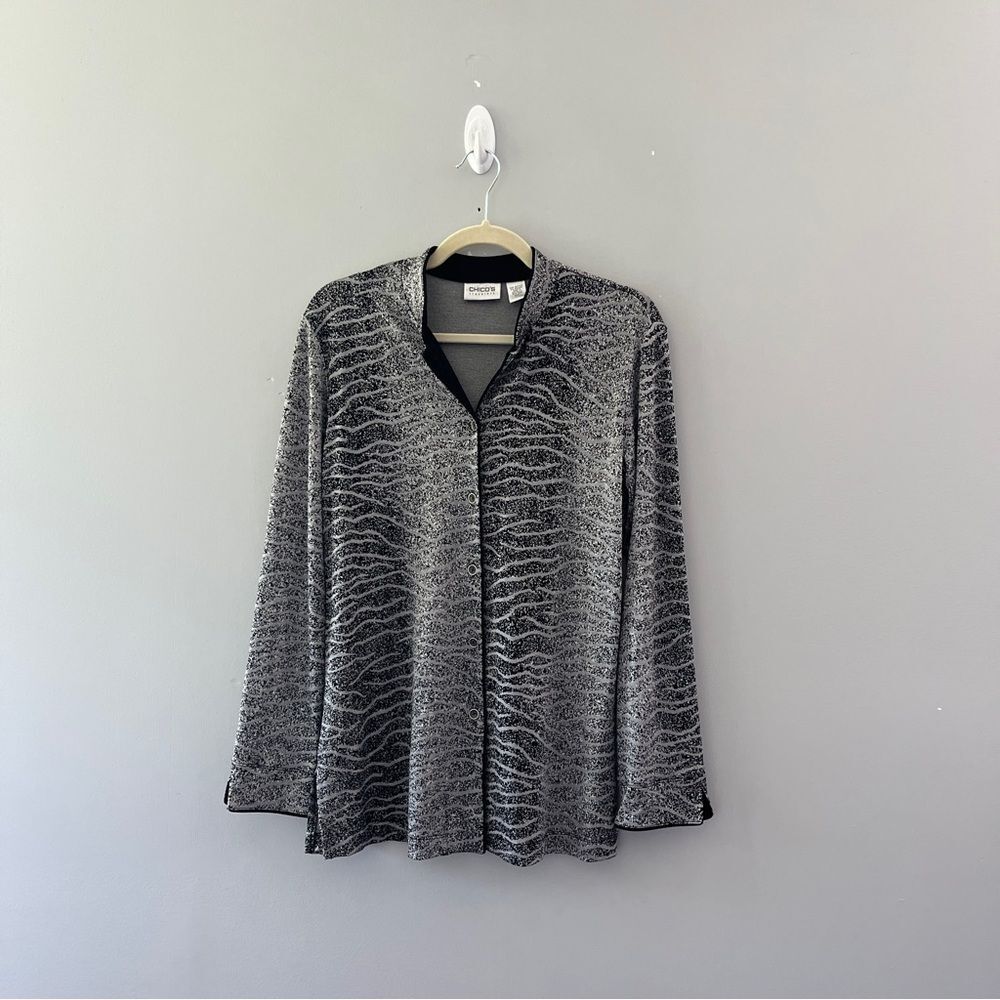 Chico's Travelers Button Front Top Stand Up Collar Black Gray Size Medium